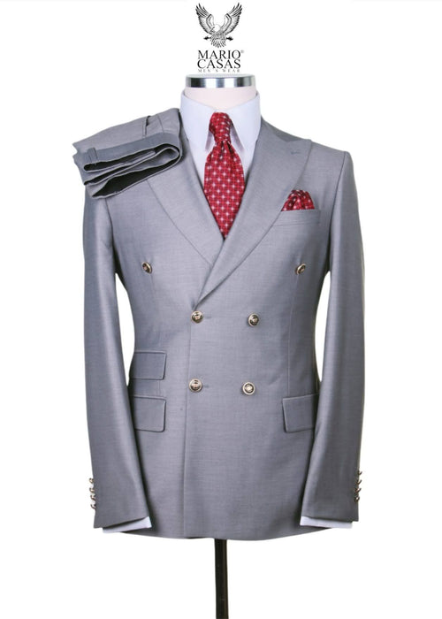 Mens Light Grey Double-Breasted Suit – Classic Slim Fit Business and Wedding Formal Attire