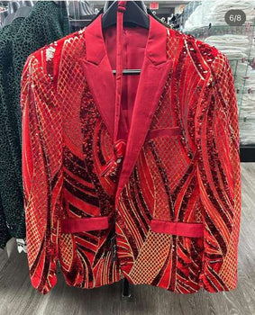 Men’s Red and Gold Sequin Christmas Holiday Blazer – Luxury Party Jacket for New Year, Wedding and Festive Events