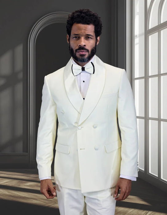 Mens Off-White Double Breasted Tuxedo Jacket with Shawl Lapel | Formal Wedding Suit in Ivory Cream Color