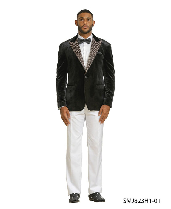 Men’s Black Velvet Tuxedo Blazer with Studded Lapel – Formal Evening Jacket