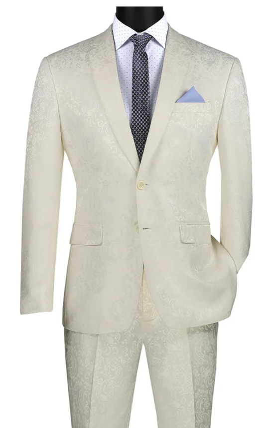 Men’s Ivory Paisley Shiny Suit – Flroal Formal Wedding and Prom Suit for Party, in Cream Off White Modern Fit
