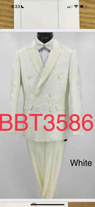 Men’s Ivory Double Breasted Tuxedo Dinner Jacket – Textured Blazer Paisley Texture Pattern in Off White Cream Color + Bowtie