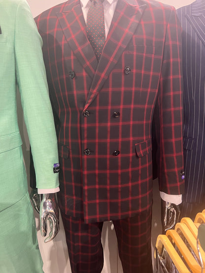 Men’s Black and Red Check Double Breasted Blazer – Sport Coat Jacket Windowpane Sportcoat Slim Fit