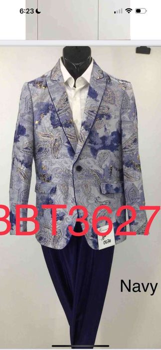 Men’s Navy Blue and Gray Paisley Print Blazer – Prom Jacket for Formal, Party, and Evening Wear
