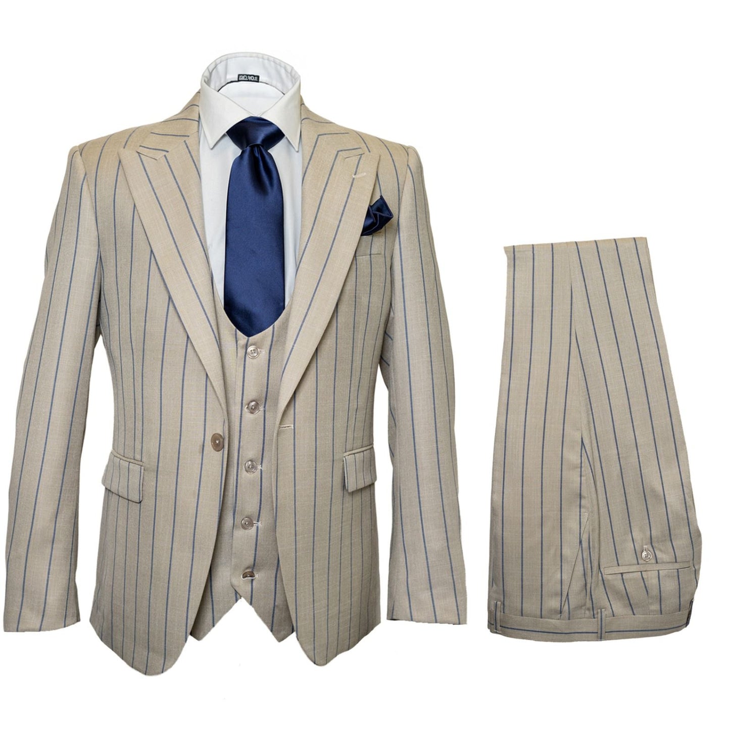 Men's Beige with blue Pinstripe Three-Piece Suit with Vest by Rossiman Vested Peak Lapel in Tan Stripe 1920s style - Image 10