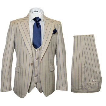 Men's Beige with blue Pinstripe Three-Piece Suit with Vest by Rossiman Vested Peak Lapel in Tan Stripe 1920s style - Image 10