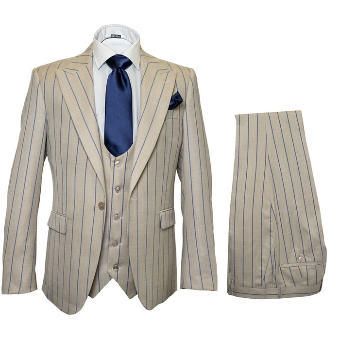 Men's Beige with blue Pinstripe Three-Piece Suit with Vest by Rossiman Vested Peak Lapel in Tan Stripe 1920s style