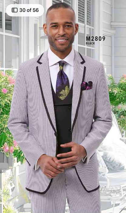 Mens Black and White Pinstripe Wedding Tuxedo Suit – Three Piece Formal Suit Set with Contrast Trim for Groom, Prom - Seersucker Summer Suit