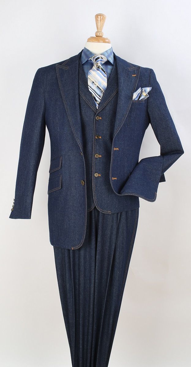 Men’s Pleated Pants Dark Blue Denim 3 Piece Suit – 100% Cotton Formal Suit Set, Blazer Vest Pants Outfit Classic Fit Athletic Fit Lose Fit