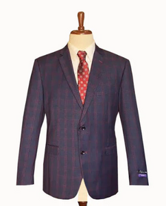Men’s Big and Tall Navy Blue with Burgundy Plaid Jacket and Sport Coat – Wool Blazer
