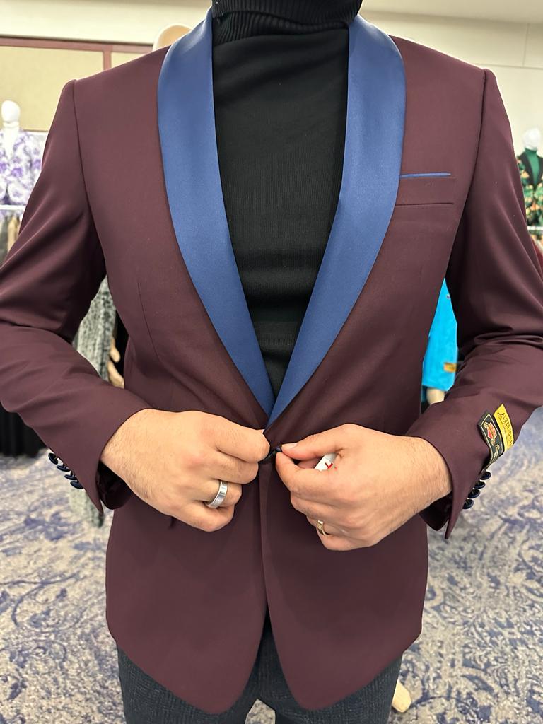 Mens Burgundy Tuxedo Dinner Jacket Blazer with Blue Satin Shawl Lapel  Wedding and Party Jacket - Image 7