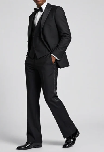 Men’s Black Boot Cut 3-Piece Tuxedo Suit – Peak Lapel Wedding, Prom and Formal Suit 1970s Style