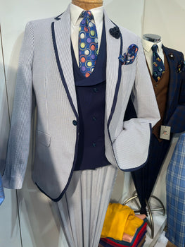 Men's White and Navy Pinstripe Suit with Contrast Trim – 3-Piece Seersucker Style Set for Weddings and Summer Events - Image 6