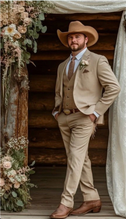Mens Sharkskin Dark Taupe Tan with sheen Western 3 Piece Suit – Classic Country Style Blazer Vest Pants Set, Formal Cowboy Suit Outfit