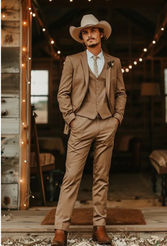 Mens Camel Brown Copper Western 3 Piece Suit – Classic Country Style Blazer Vest Pants Set, Formal Cowboy Suit Outfit