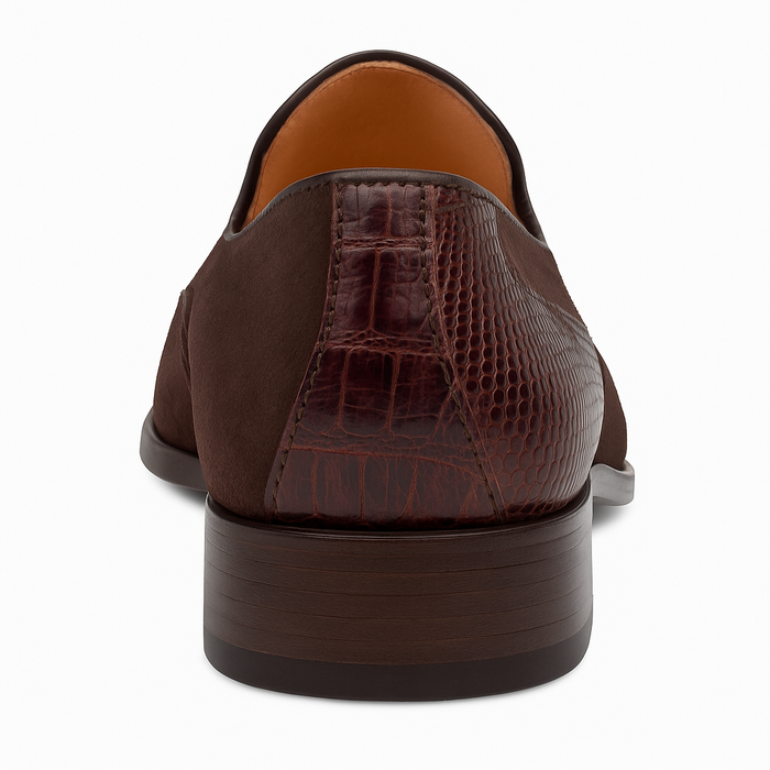 Brown Ostrich and English Suede Gored Slip On Dress Shoes for men By Mezlan Made In Spain Brand
