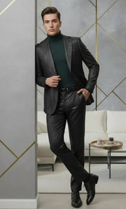 Mens Two Piece Slim Fit Suit One Button Notch Lapel Suit Black