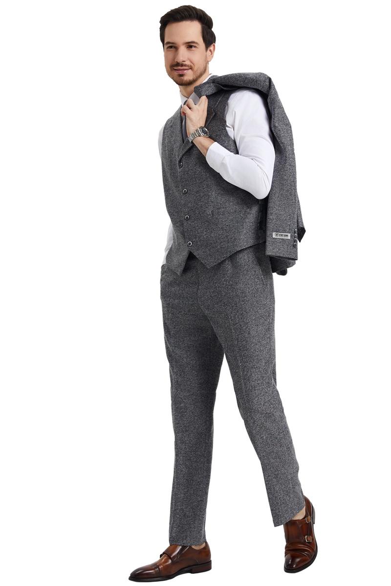 Men's Stacy Adams Vested Vintage Herringbone Tweed Suit in Grey - Image 3