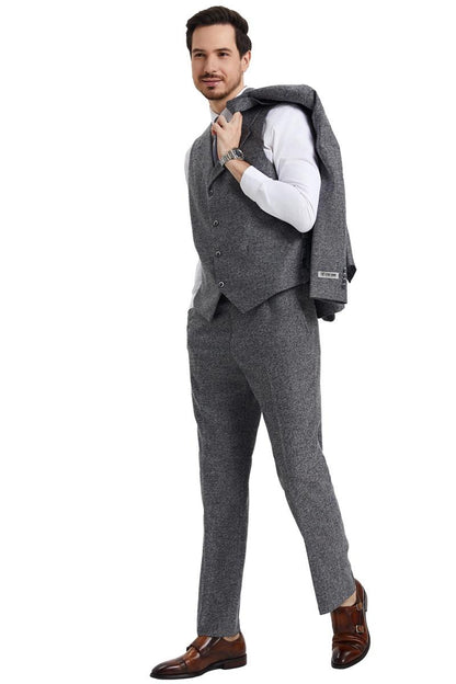 Men's Stacy Adams Vested Vintage Herringbone Tweed Suit in Grey - Image 3