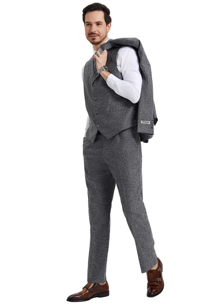 Men's Stacy Adams Vested Vintage Herringbone Tweed Suit in Grey - Image 3