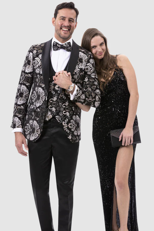 Mens Black Blazer - Mens Modern Vested White, Gold & Black Paisley Prom Tuxedo.
