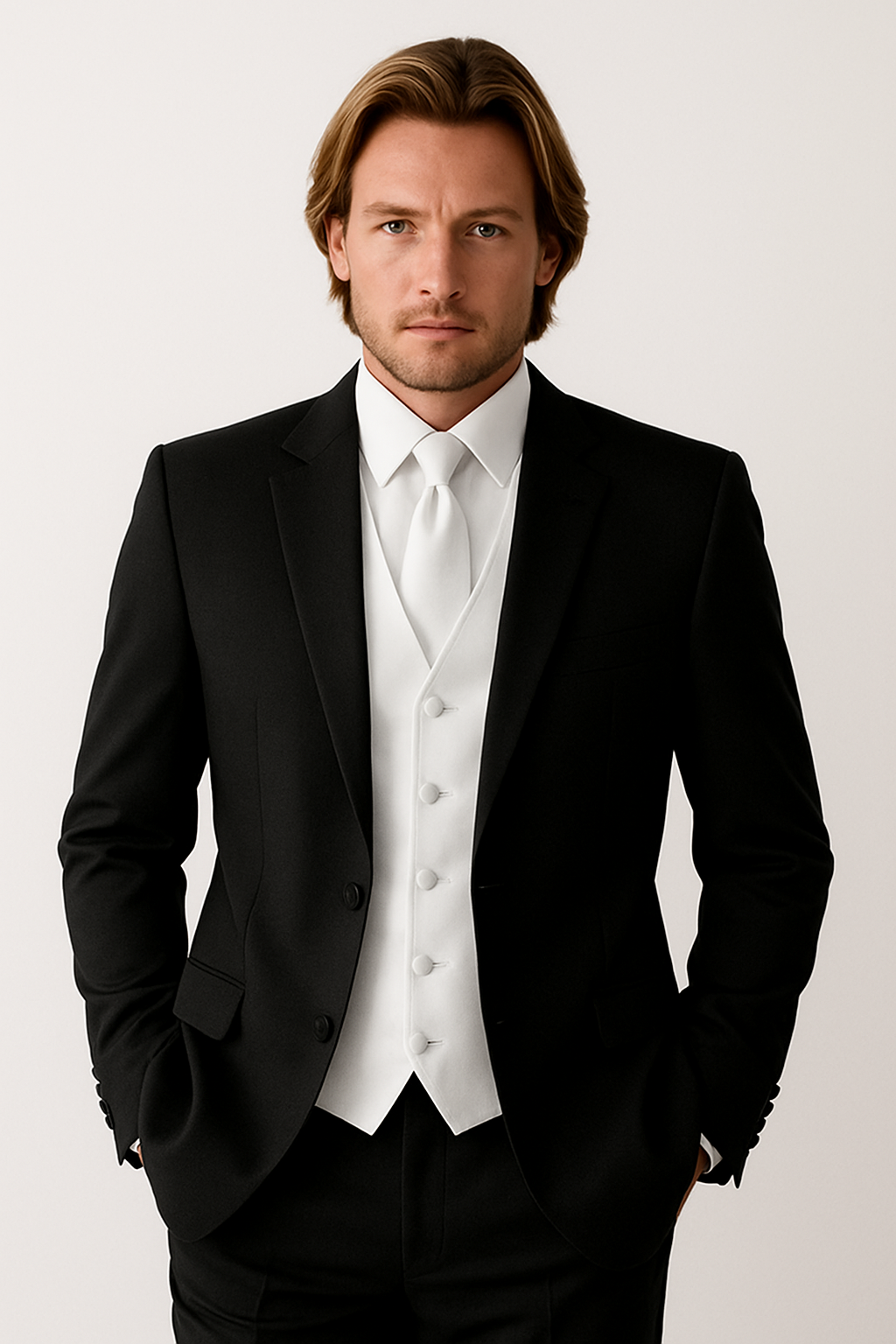 Package Deal High Quality 2-Button  Side Vented Super 120's Tuxedo + White Shirt+White Tie+White Vest