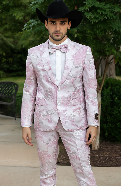 Package Package Combo Mens Pink Suit - Paisley Fancy Floral Suits with Matching Bowtie