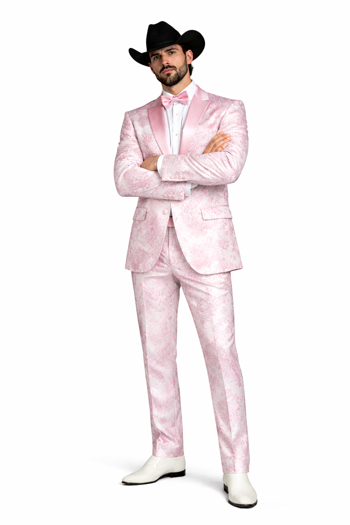 Package Package Combo Mens Pink Suit - Paisley Fancy Floral Suits with Matching Bowtie