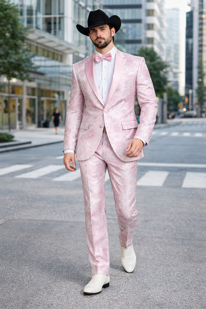 Package Package Combo Mens Pink Suit - Paisley Fancy Floral Suits with Matching Bowtie