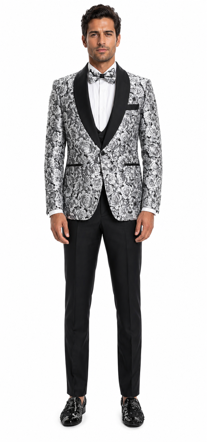 Paisley Suit - Wedding Tuxedo Suit - Prom Black ~ Silver Suit
