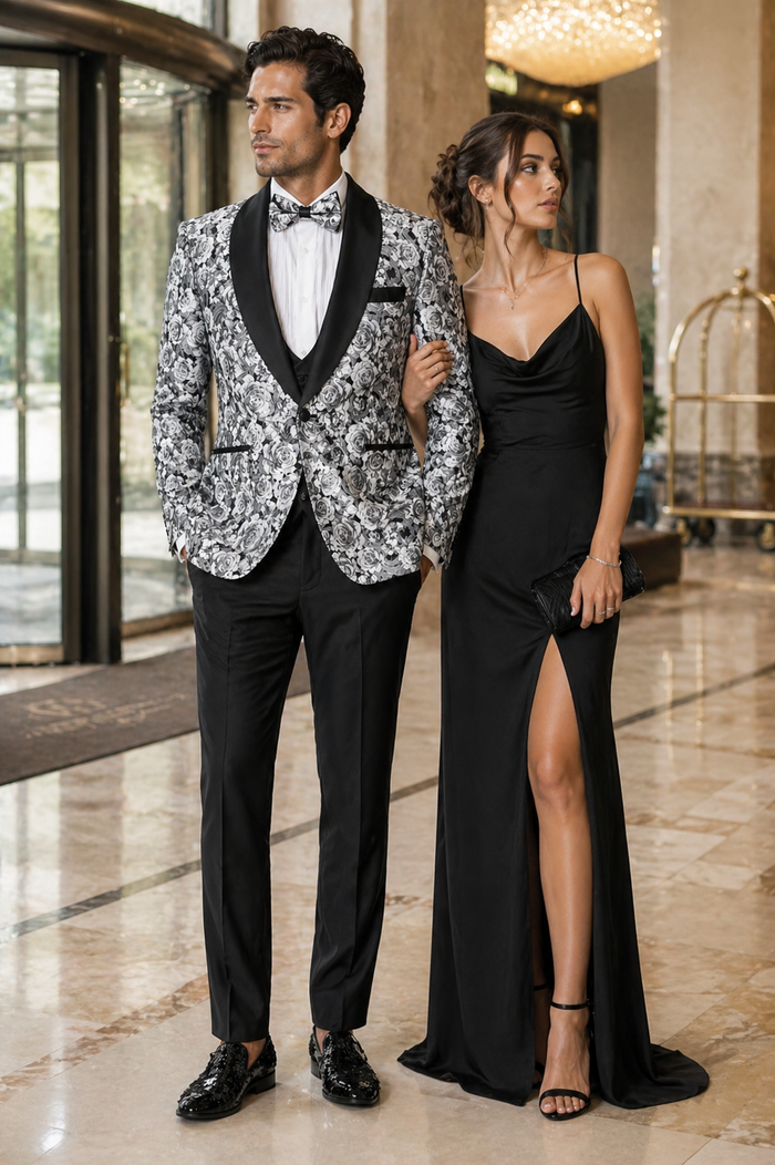Paisley Suit - Wedding Tuxedo Suit - Prom Black ~ Silver Suit