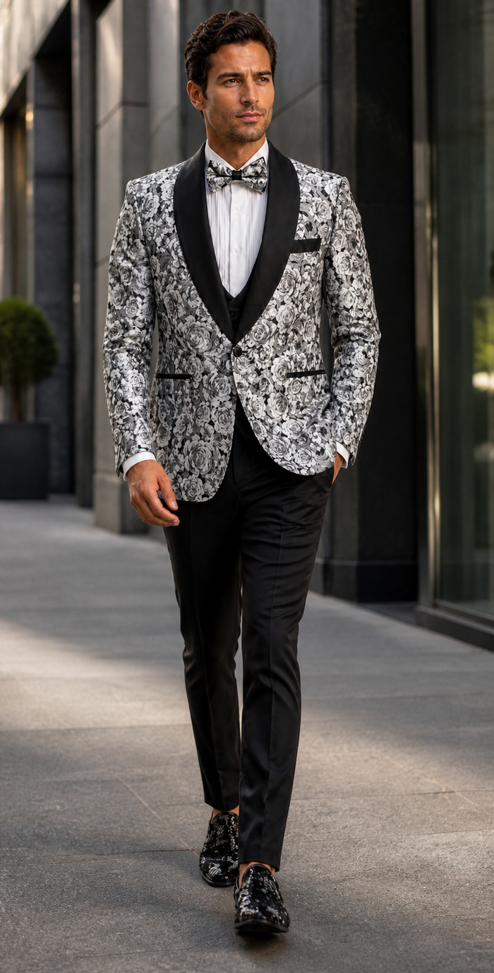 Paisley Suit - Wedding Tuxedo Suit - Prom Black ~ Silver Suit