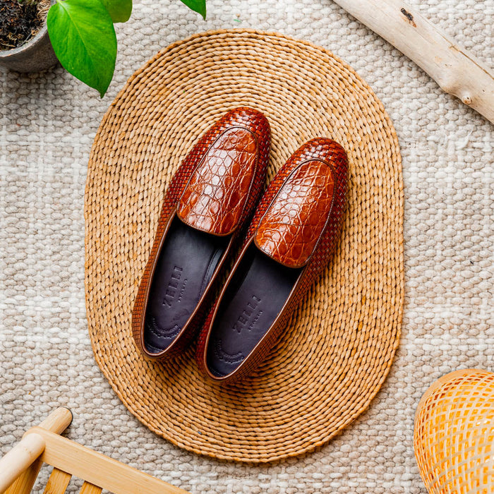 Zelli Palio Crocodile and Calfskin Basketweave Loafer in Cognac