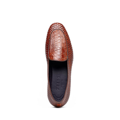 Zelli Palio Crocodile and Calfskin Basketweave Loafer in Cognac