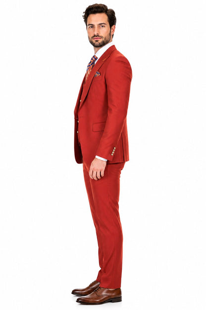 Men's Brick Statement Ticket Pocket Peak Lapel Wool Double Breasted Vest Suit with Gold Buttons – Modern Fit