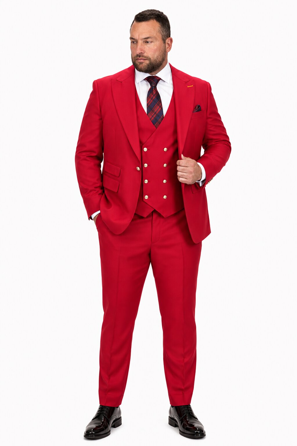 Men's Berry Statement Ticket Pocket Peak Lapel Wool Double Breasted Vest Suit with Gold Buttons – Modern Fit