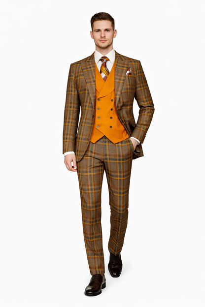 Mens Two Button Peak Lapel Suit Brown ~ Yellow