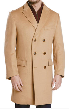 Mens Camel Brown Double Breasted Wool Overcoat + Suit – Peaky Blinders Inspired Vintage Long Trench Coat with Lapel Collar