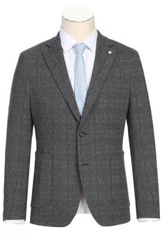 Pelago Men's Charcoal Grey Summer Blazer in Windowpane Plaid - Slim Fit, Half Canvas Patch Pocket - Elegant Mensattire