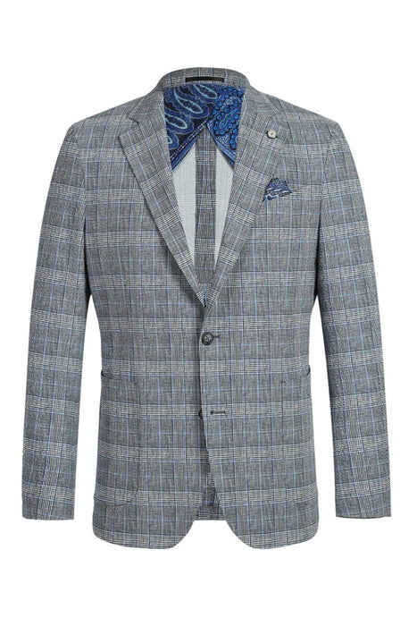 Pelago Men's Grey & Blue Windowpane Slim Fit Blazer — Summer Style - Elegant Mensattire