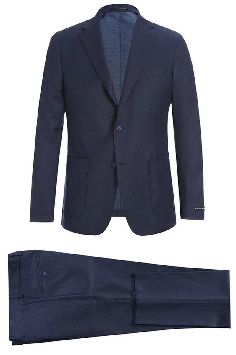 Pelago Navy Blazer: Mens Slim-Fit Windowpane Plaid Half-Canvas Cotton Jacket