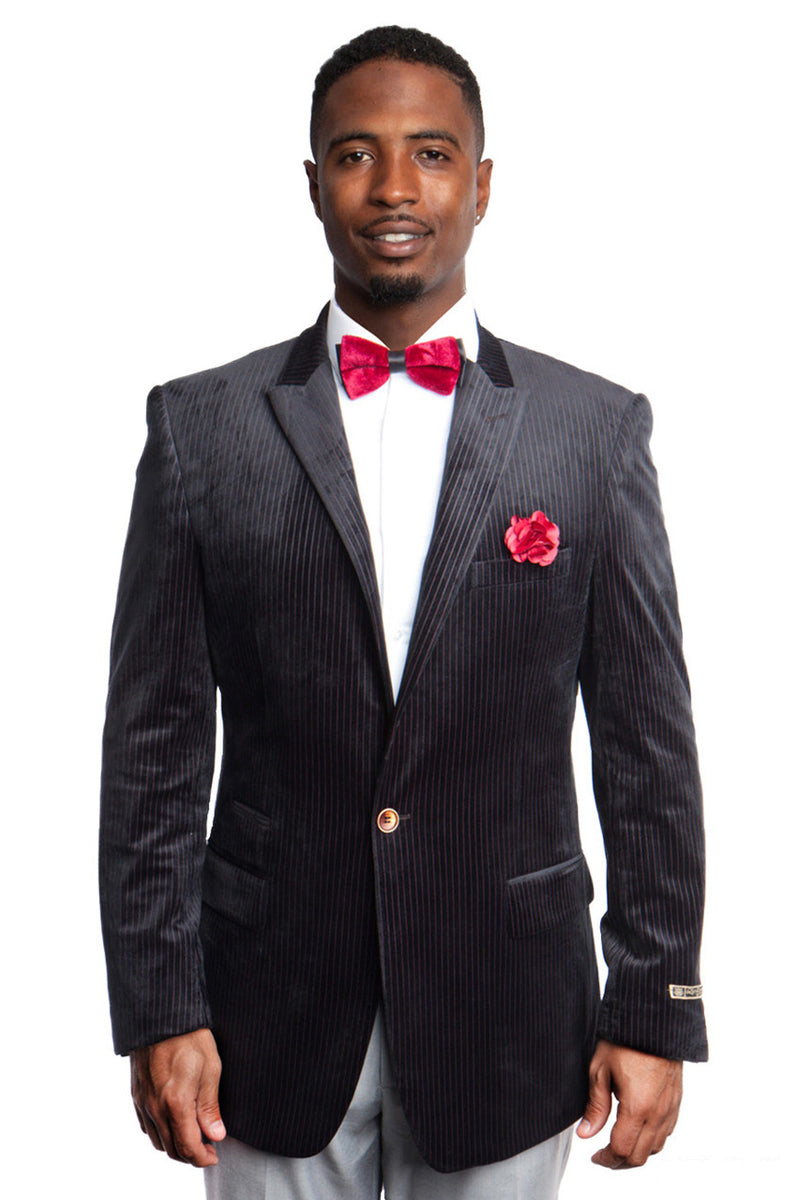Men's Black Blazer Men's One Button Peak Lapel Velvet Corduroy Fashion Blazer in Black by Empire