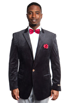 Men's Black Blazer Men's One Button Peak Lapel Velvet Corduroy Fashion Blazer in Black by Empire