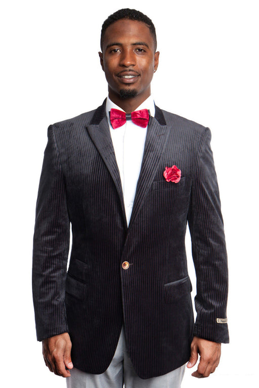 Mens Black Blazer - Men's One Button Peak Lapel Velvet Corduroy Fashion Blazer in Black