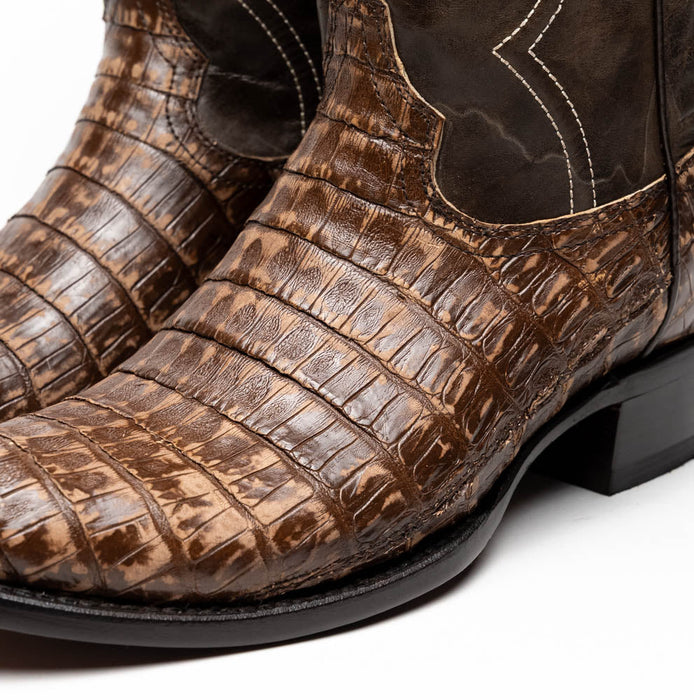 Marco Di Milano Phoenix Stone Brown Caiman Crocodile Round Toe Cowboy Boots