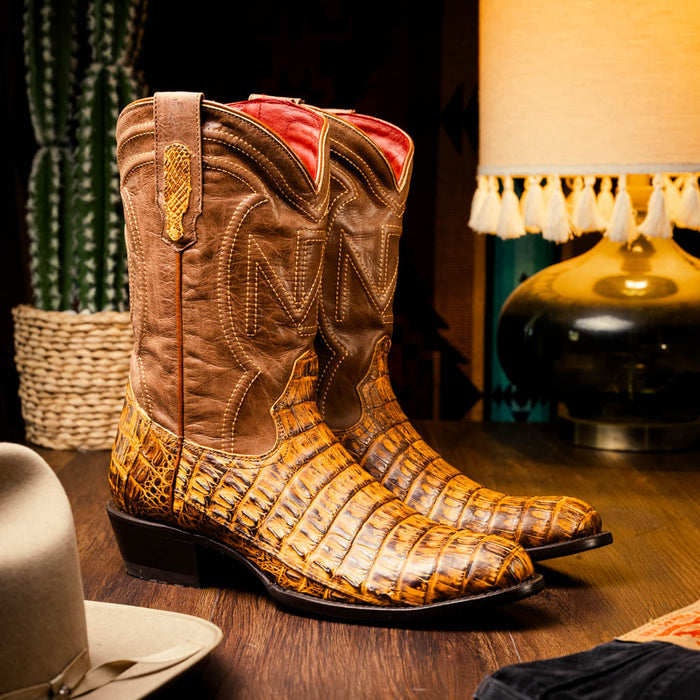 Marco Di Milano Phoenix Mustard Brown Caiman Crocodile Round Toe Cowboy Boots - Image 5