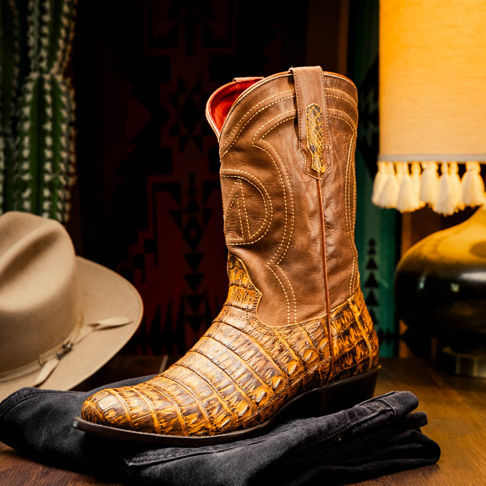 Marco Di Milano Phoenix Mustard Brown Caiman Crocodile Round Toe Cowboy Boots - Image 6