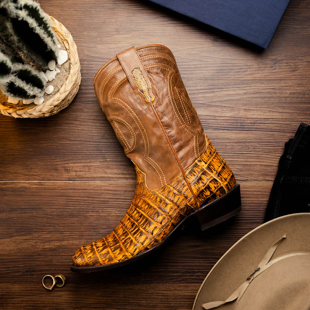 Marco Di Milano Phoenix Mustard Brown Caiman Crocodile Round Toe Cowboy Boots - Image 8