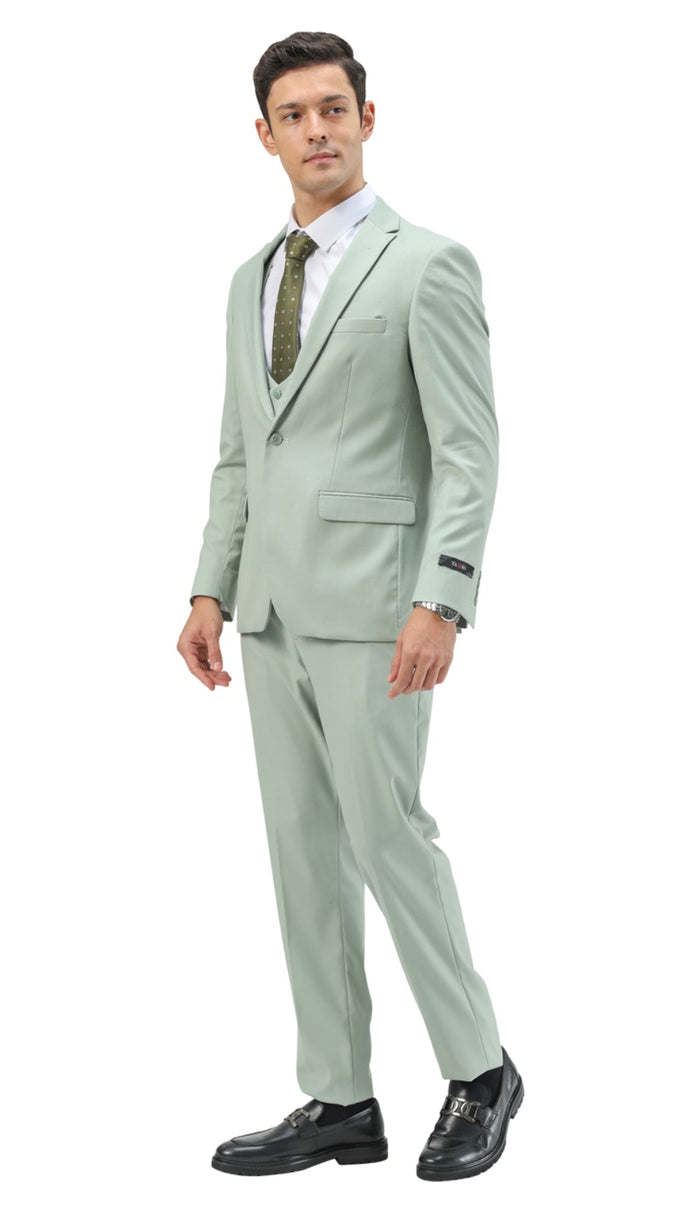 Stretch Fabric 4 Way Slim Fitted Mens Suit in Color Sage Peak Lapel One Button Vested 3 Piece