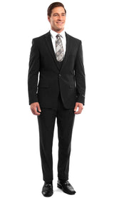 Stretch Fabric 4 Way Slim Fitted Mens Suit in Color Black Peak Lapel One Button Vested 3 Piece